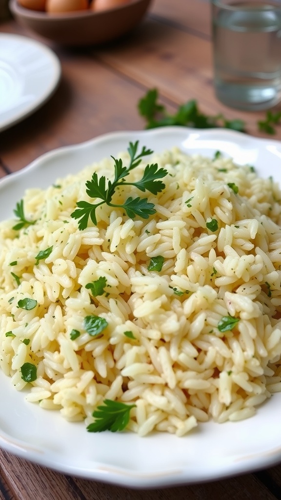 Savory Herb Rice Pilaf Recipe A serving of herb rice pilaf garnished with fresh parsley, on a rustic table.